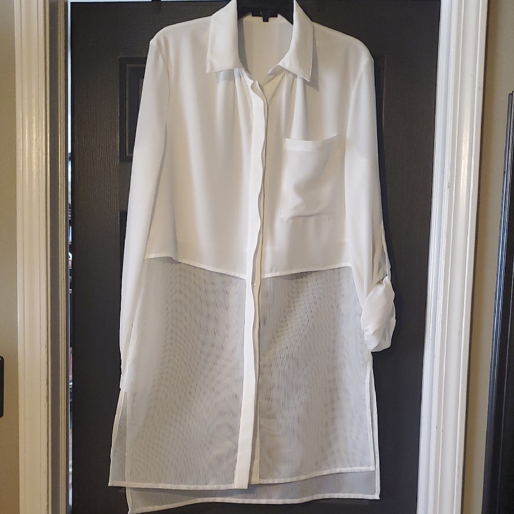 Boutique Wear- Tesoro Modi Sheer Mesh, White Button-Up Tunic Shirt